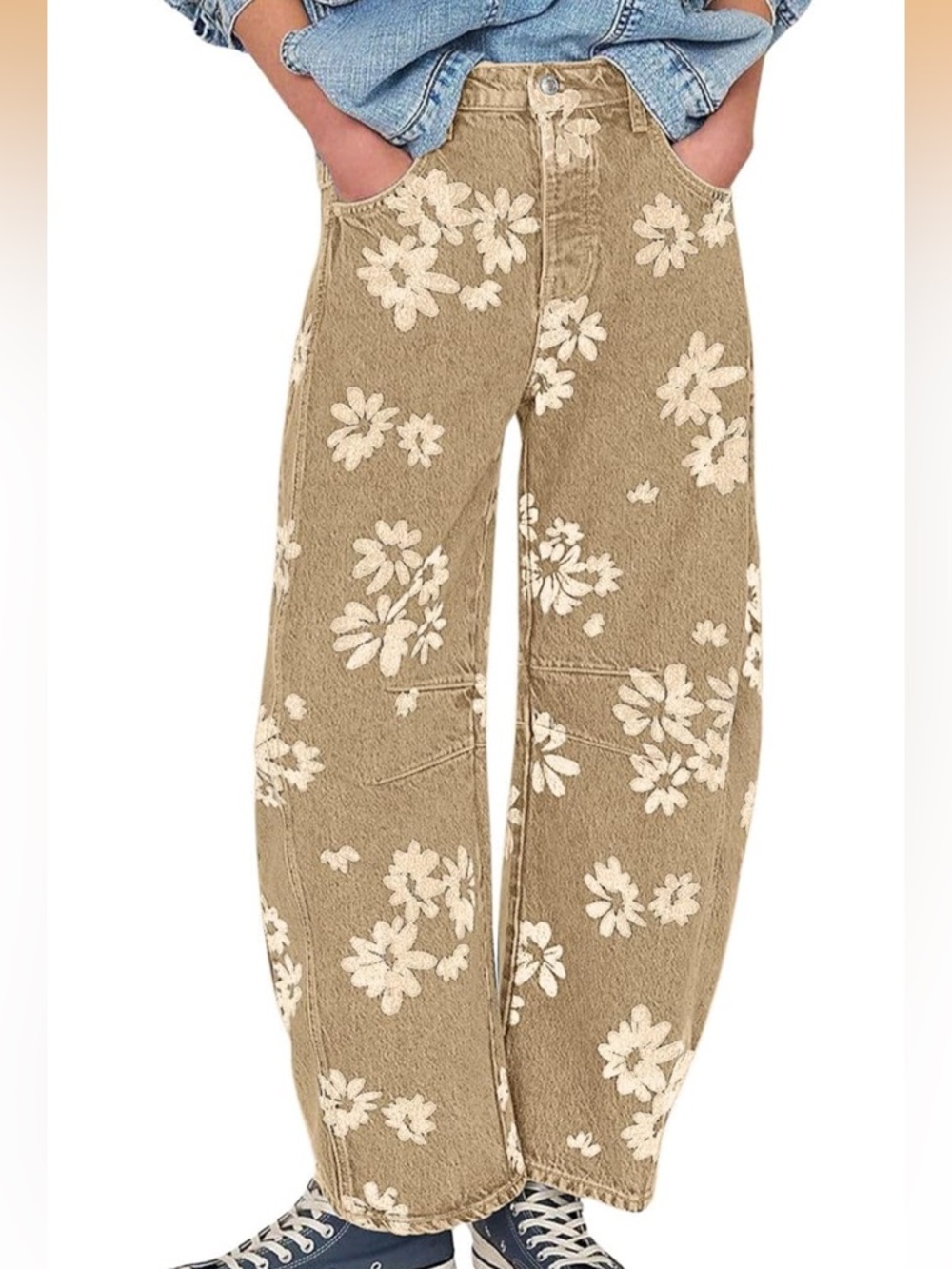 NWT Beige Floral Embroidered Wide-Leg Jeans